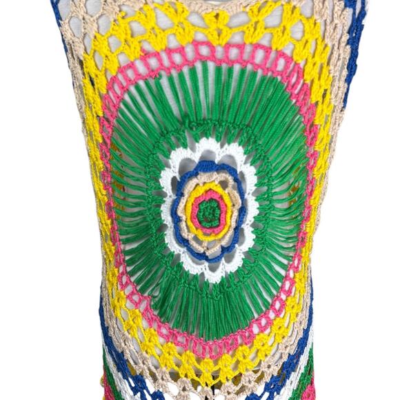U-Style Bright Multicolor Sleeveless Open Crochet Relaxed Coverup Festival Top - Picture 6 of 10
